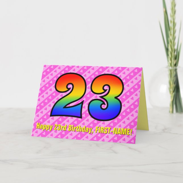 Fun Pink Stripes, Hearts, Rainbow # 23rd Birthday Card (Front)