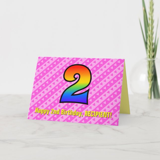 Fun Pink Stripes, Hearts, Rainbow # 2nd Birthday Card (Front)