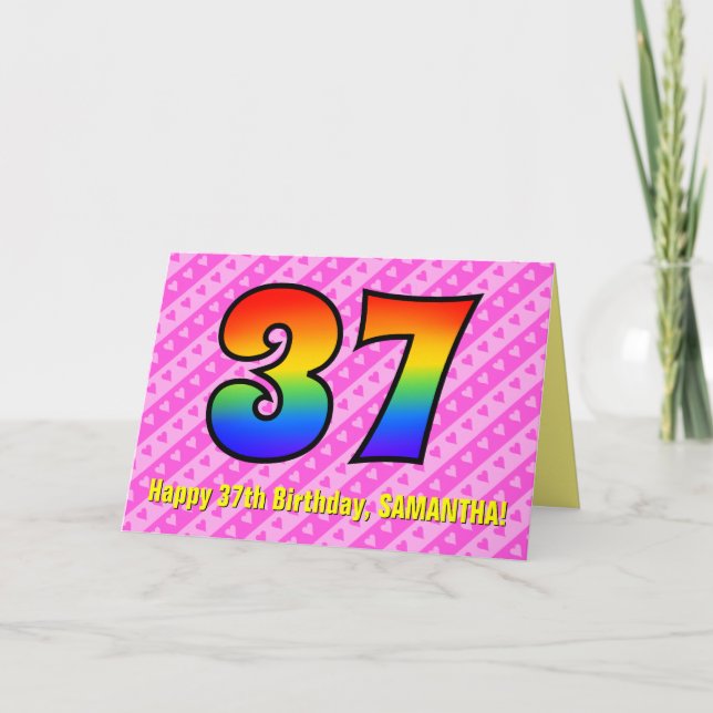 Fun Pink Stripes, Hearts, Rainbow # 37th Birthday Card (Front)