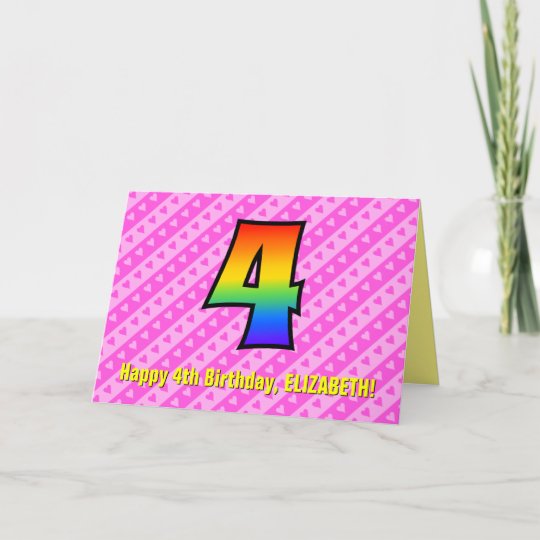 Fun Pink Stripes Hearts Rainbow 4th Birthday Card Zazzle