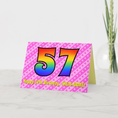 Fun Pink Stripes Hearts Rainbow  57th Birthday Card