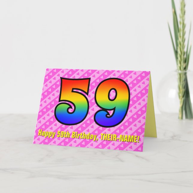 Fun Pink Stripes, Hearts, Rainbow # 59th Birthday Card (Front)