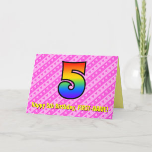 Fun Pink Stripes, Hearts, Rainbow # 5th Birthday Card