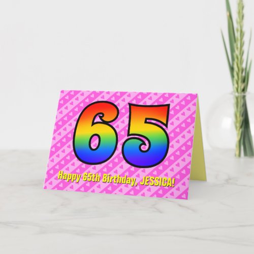 Fun Pink Stripes Hearts Rainbow  65th Birthday Card