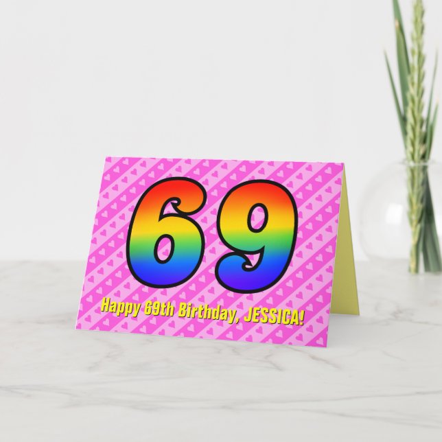 Fun Pink Stripes, Hearts, Rainbow # 69th Birthday Card (Front)