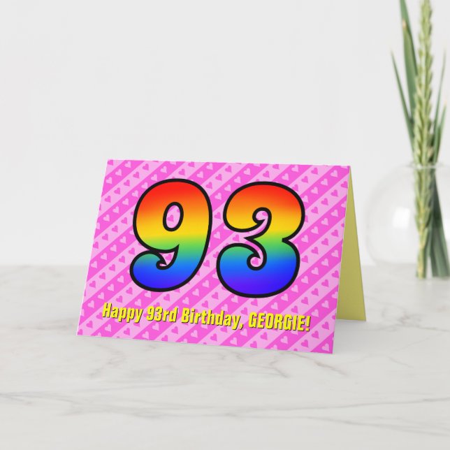 Fun Pink Stripes, Hearts, Rainbow # 93rd Birthday Card (Front)