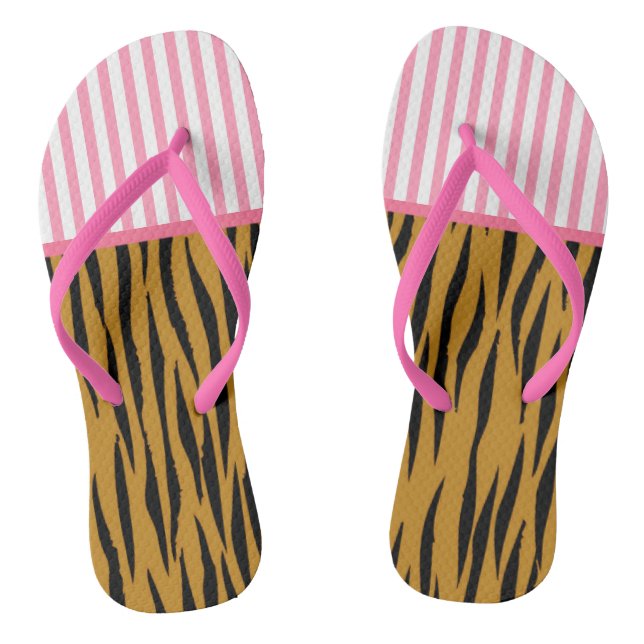 Fun Pink Stripes & Tigerprint Flip Flops (Footbed)