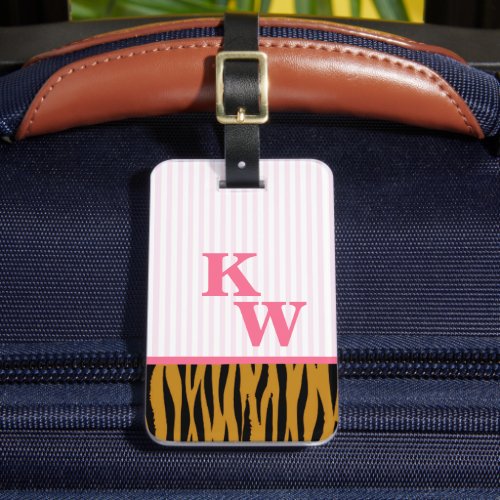 Fun Pink Stripes  Tigerprint Monogram Luggage Tag