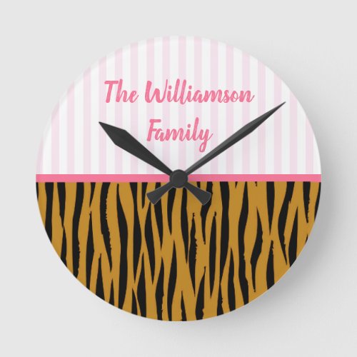 Fun Pink Stripes  Tigerprint Personalized Round Clock