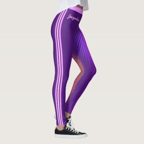 Fun Pink Stripes with Your Name on Deep Purple Leggings