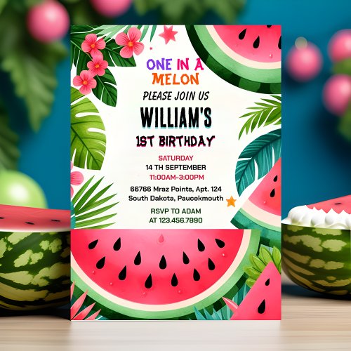 fun pink summer one in a melon first 1st birthday invitation