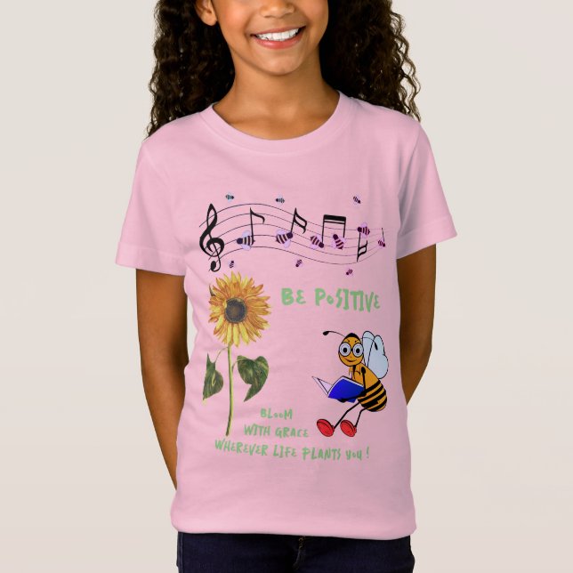 Fun Pink Sunflower Bees Positive T-Shirt (Front)