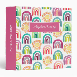 Fun Pink Suns & Rainbows Back to School Kids 3 Ring Binder