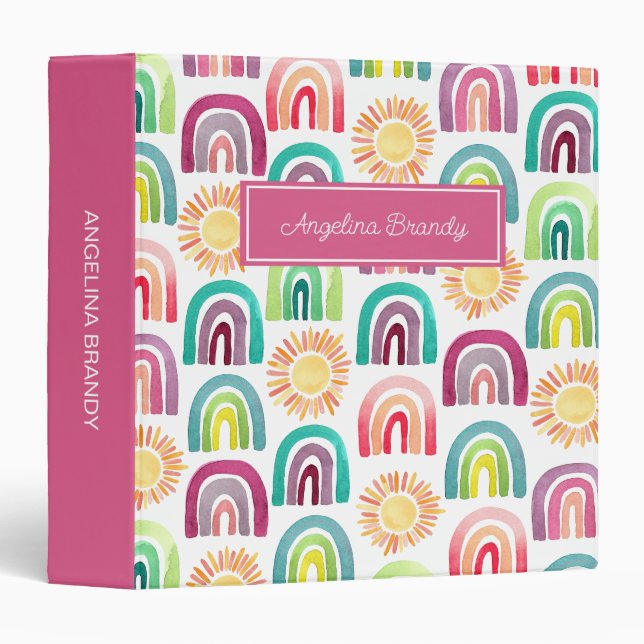Fun Pink Suns & Rainbows Back to School Kids 3 Ring Binder (Front/Spine)