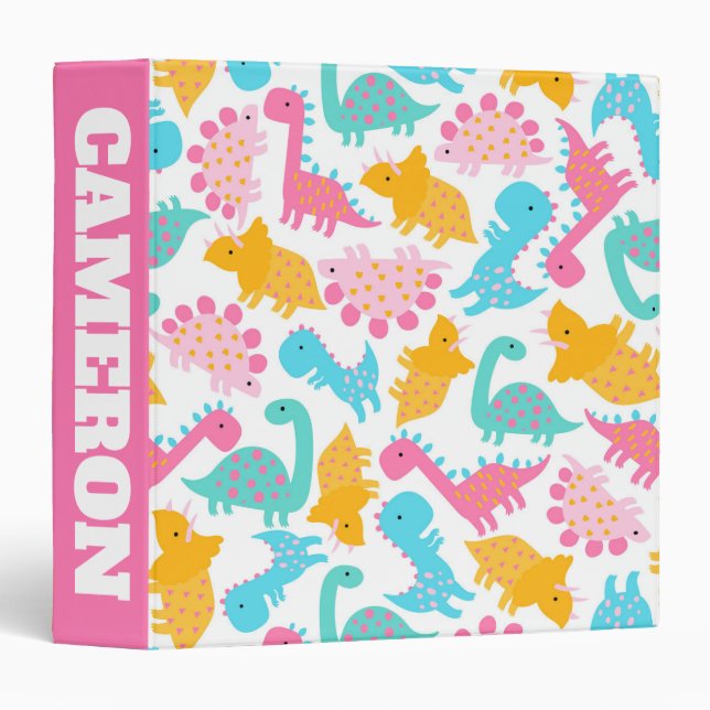 Fun Pink & Teal Dinosaur Pattern 3 Ring Binder (Front/Spine)