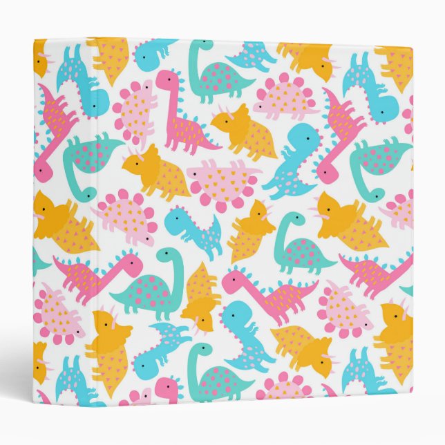 Fun Pink & Teal Dinosaur Pattern 3 Ring Binder (Front/Spine)