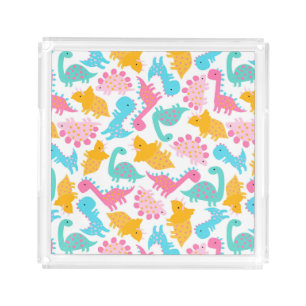 Fun Pink & Teal Dinosaur Pattern Acrylic Tray