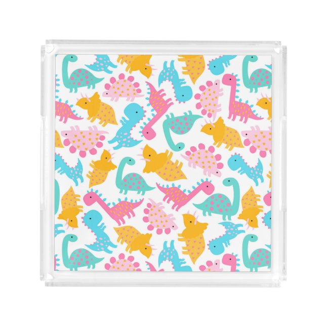 Fun Pink & Teal Dinosaur Pattern Acrylic Tray (Front)