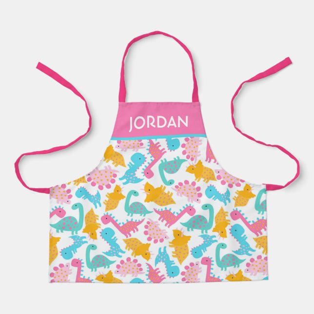 Fun Pink & Teal Dinosaur Pattern Apron (Front)