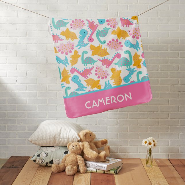 Fun Pink & Teal Dinosaur Pattern Baby Blanket (In Situ)