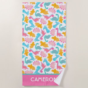 Fun Pink & Teal Dinosaur Pattern Beach Towel