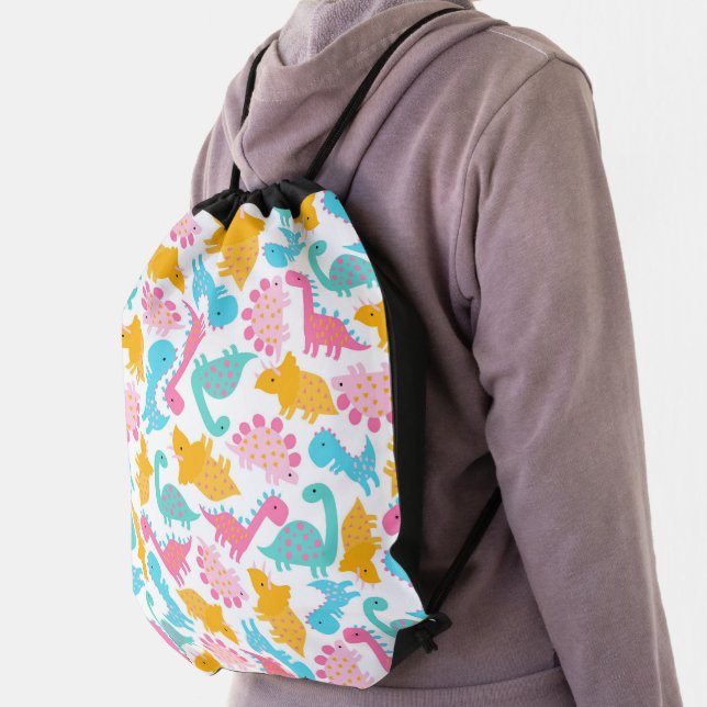 Fun Pink & Teal Dinosaur Pattern Drawstring Bag (Insitu)