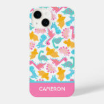 Fun Pink &amp; Teal Dinosaur Pattern iPhone 14 Case