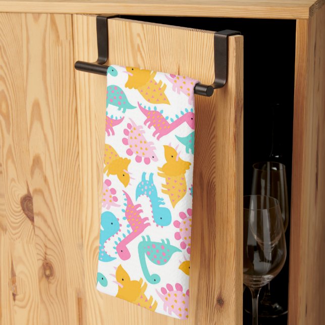 Fun Pink & Teal Dinosaur Pattern Kitchen Towel (Thirds Fold)