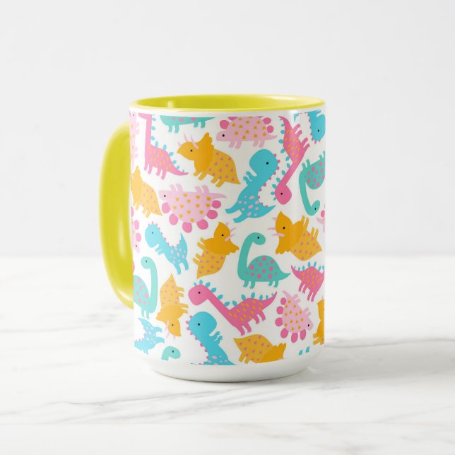 Fun Pink & Teal Dinosaur Pattern Mug (Front Left)