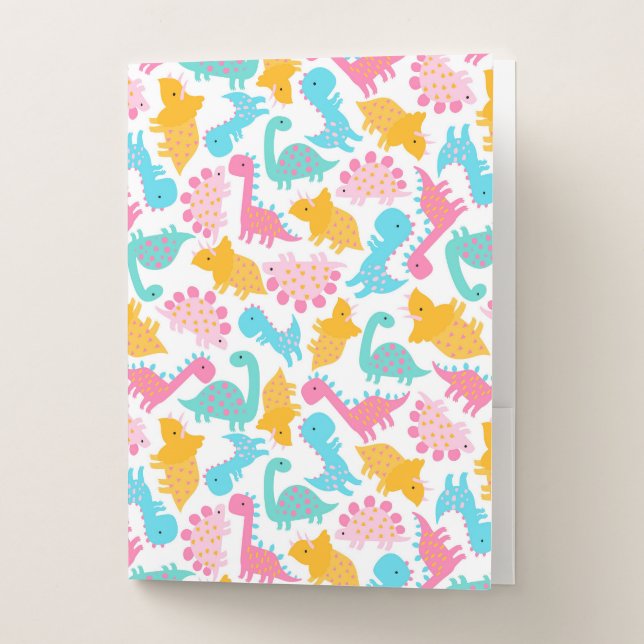 Fun Pink & Teal Dinosaur Pattern Pocket Folder (Front)