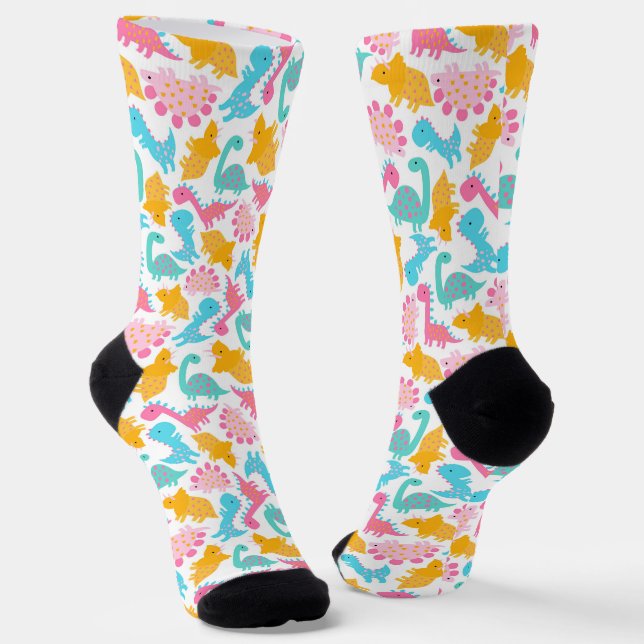 Fun Pink & Teal Dinosaur Pattern Socks (Angled)