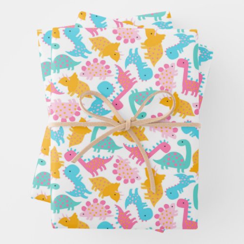 Fun Pink  Teal Dinosaur Pattern Wrapping Paper Sheets