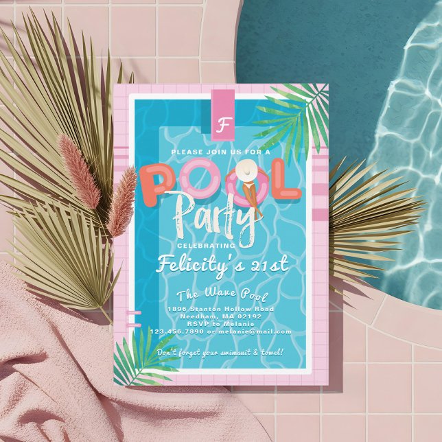 Fun Pink Tropical Adult Summer Pool Party Birthday Invitation (Fun Pink Tropical Palm Summer Pool Party Birthday Invitation)
