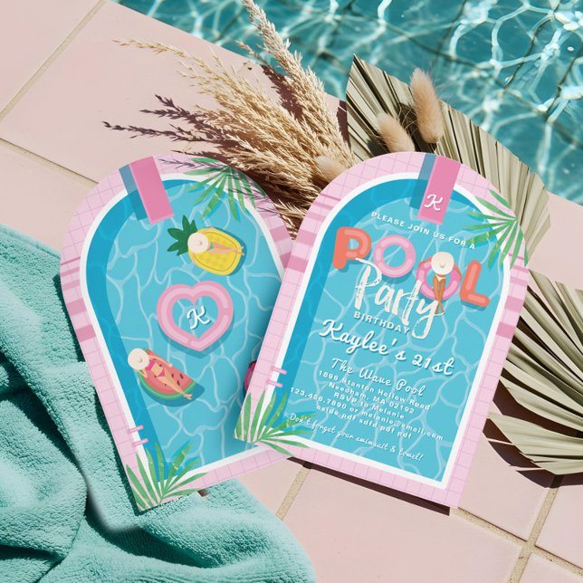 Fun Pink Tropical Palm Summer Pool Party Birthday Invitation (Fun Pink Tropical Palm Summer Pool Party Birthday Invitation)