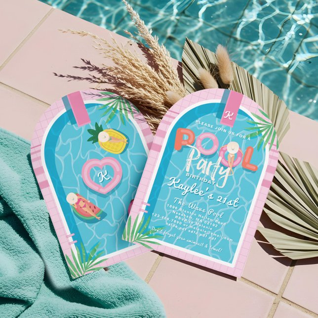 Fun Pink Tropical Palm Summer Pool Party Birthday Invitation (Fun Pink Tropical Palm Summer Pool Party Birthday Invitation)