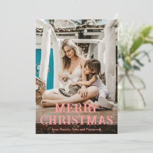 Fun Pink Vintage Font Photo Modern Christmas Holiday Card