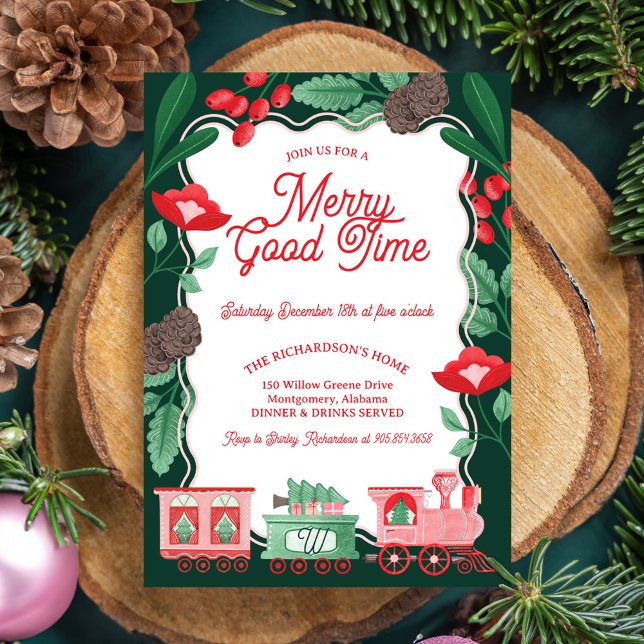 Fun Pink Vintage Train Christmas Tree Delivery  Invitation (Fun Pink Vintage Train Christmas Tree Delivery Invitation)