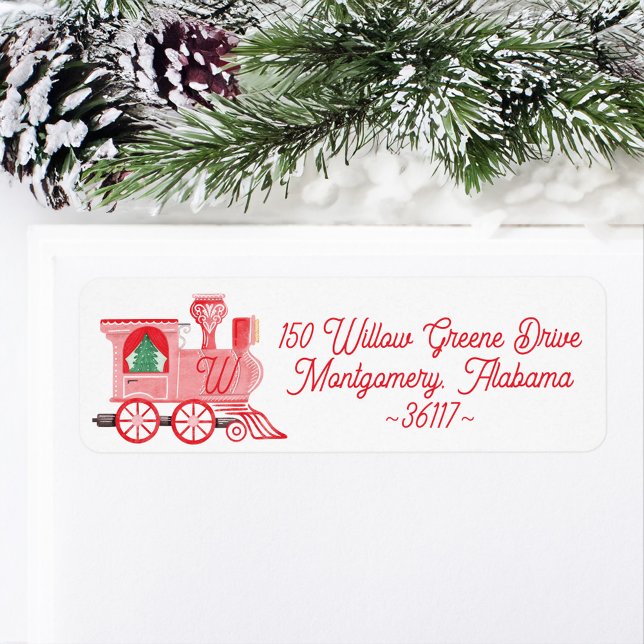 Fun Pink Vintage Train Christmas Tree Delivery Label (Fun Pink Vintage Train Christmas Tree Delivery White Label)