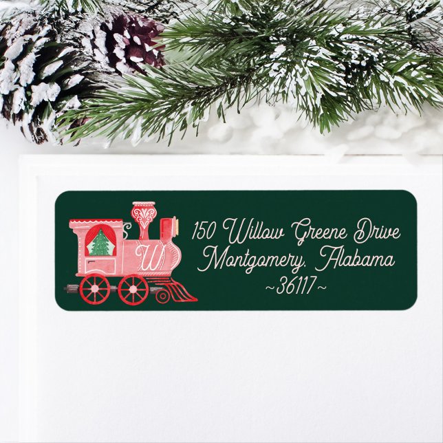 Fun Pink Vintage Train Christmas Tree Delivery Label (Fun Pink Vintage Train Christmas Tree Delivery Green Label)