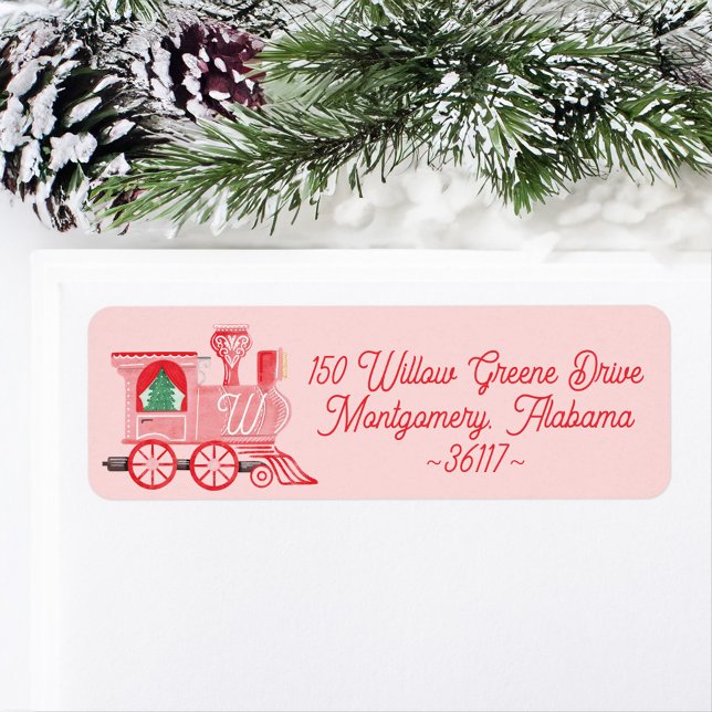 Fun Pink Vintage Train Christmas Tree Delivery Label (Fun Pink Vintage Train Christmas Tree Delivery Pink Label)