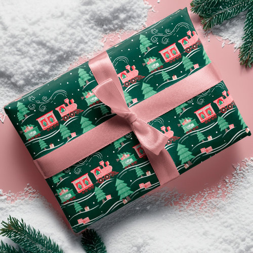 Fun Pink Vintage Train Christmas Tree Delivery  Wrapping Paper