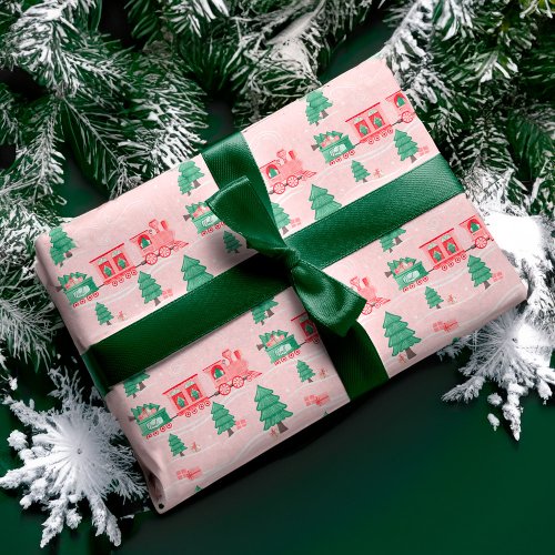 Fun Pink Vintage Train Christmas Tree Delivery Wrapping Paper