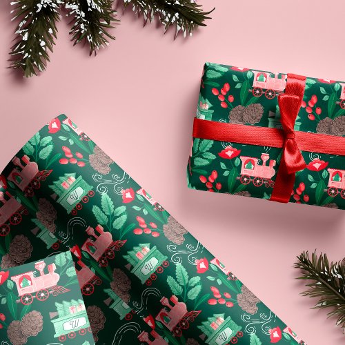 Fun Pink Vintage Train Christmas Tree Delivery  Wrapping Paper