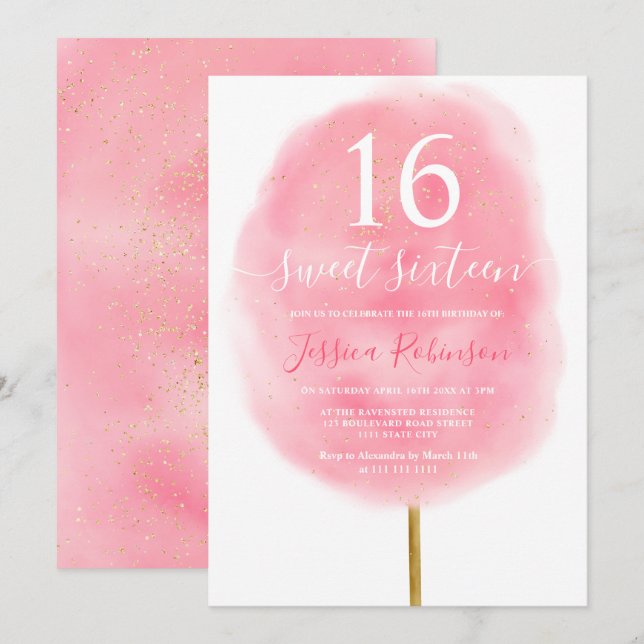 Fun pink watercolor cotton candy glitter sweet 16 invitation (Front/Back)