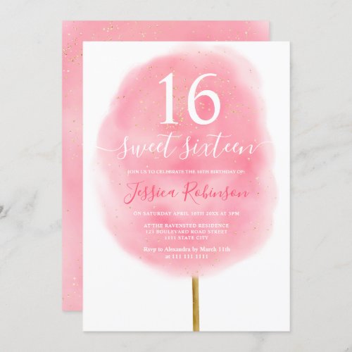 Fun pink watercolor cotton candy glitter sweet 16 invitation