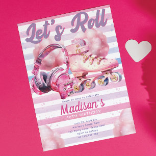 Fun Pink Watercolor Roller Blade Birthday Invitation
