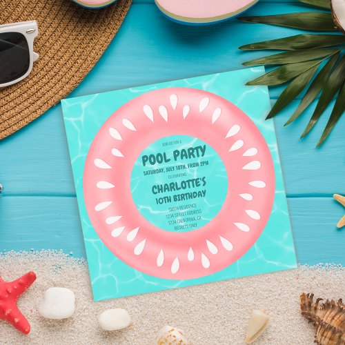 Fun pink watermelon floater pool party birthday invitation