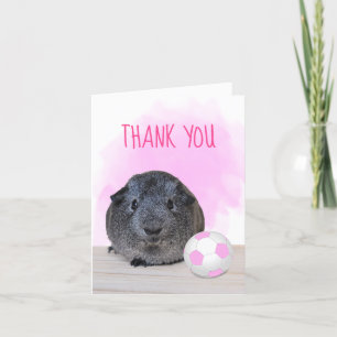 Fun Pink White Soccer Ball Guinea Pig Letterpress Thank You Card