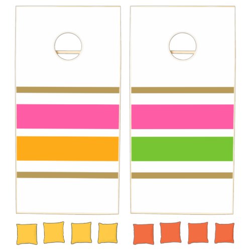 Fun Pink Yellow Lime Center Bold Stripes On White Cornhole Set