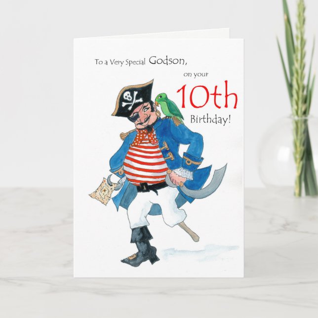 Fun Pirate 10th Birthday Card for Godson (Front)